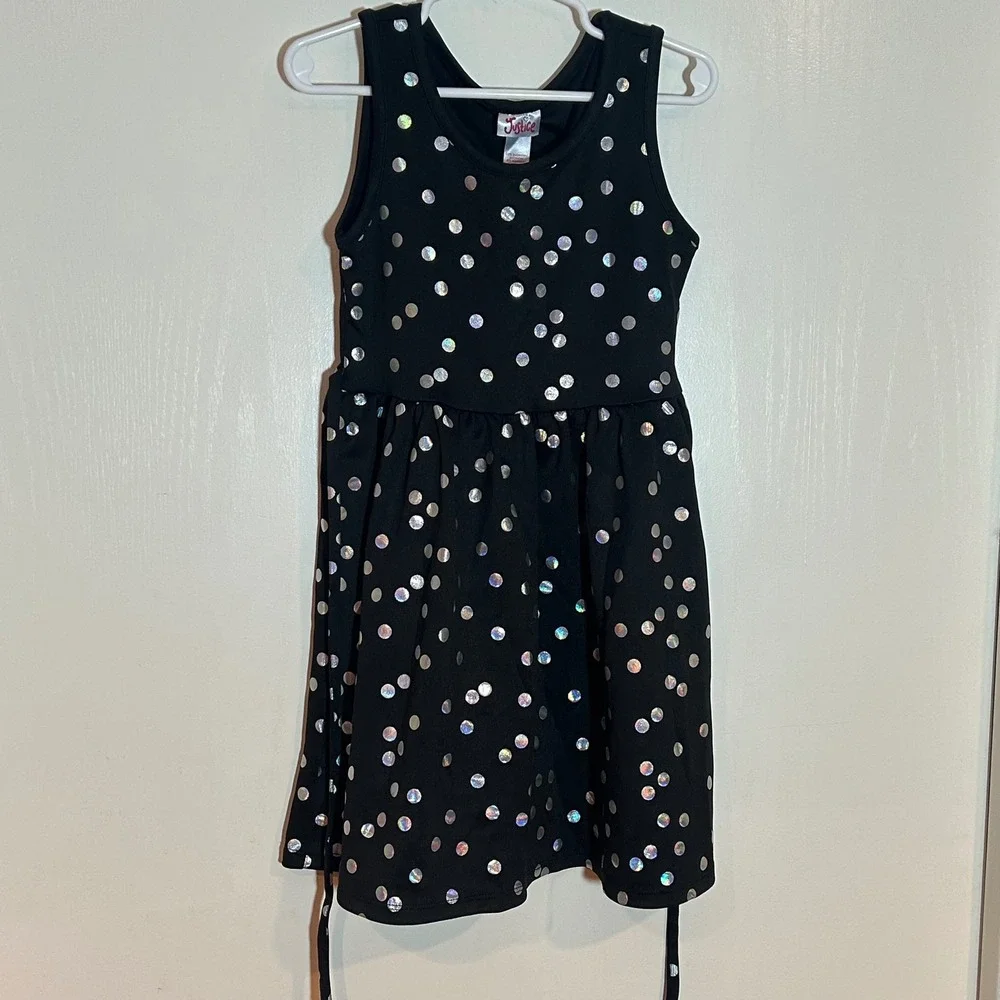 Justice Girls Black Holographic Polka Dot Sleeveless Fit Flare Party Dress  6‎